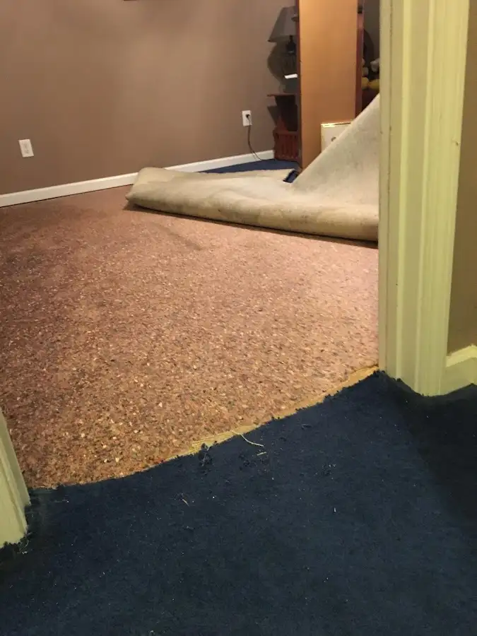 Carpet pad removal revealing water damage during Water Mitigation Services in Greenwood